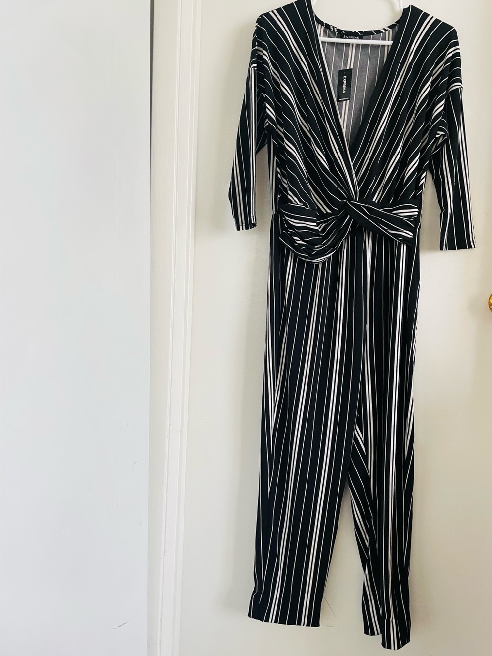 Express Black and White Striped Wrap-Front Jumpsuit